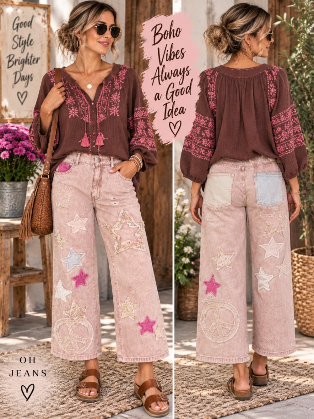 Oli & Hali Pink Wide Leg Patchwork Jeans Peace Star AppliquΓ© Distressed Large